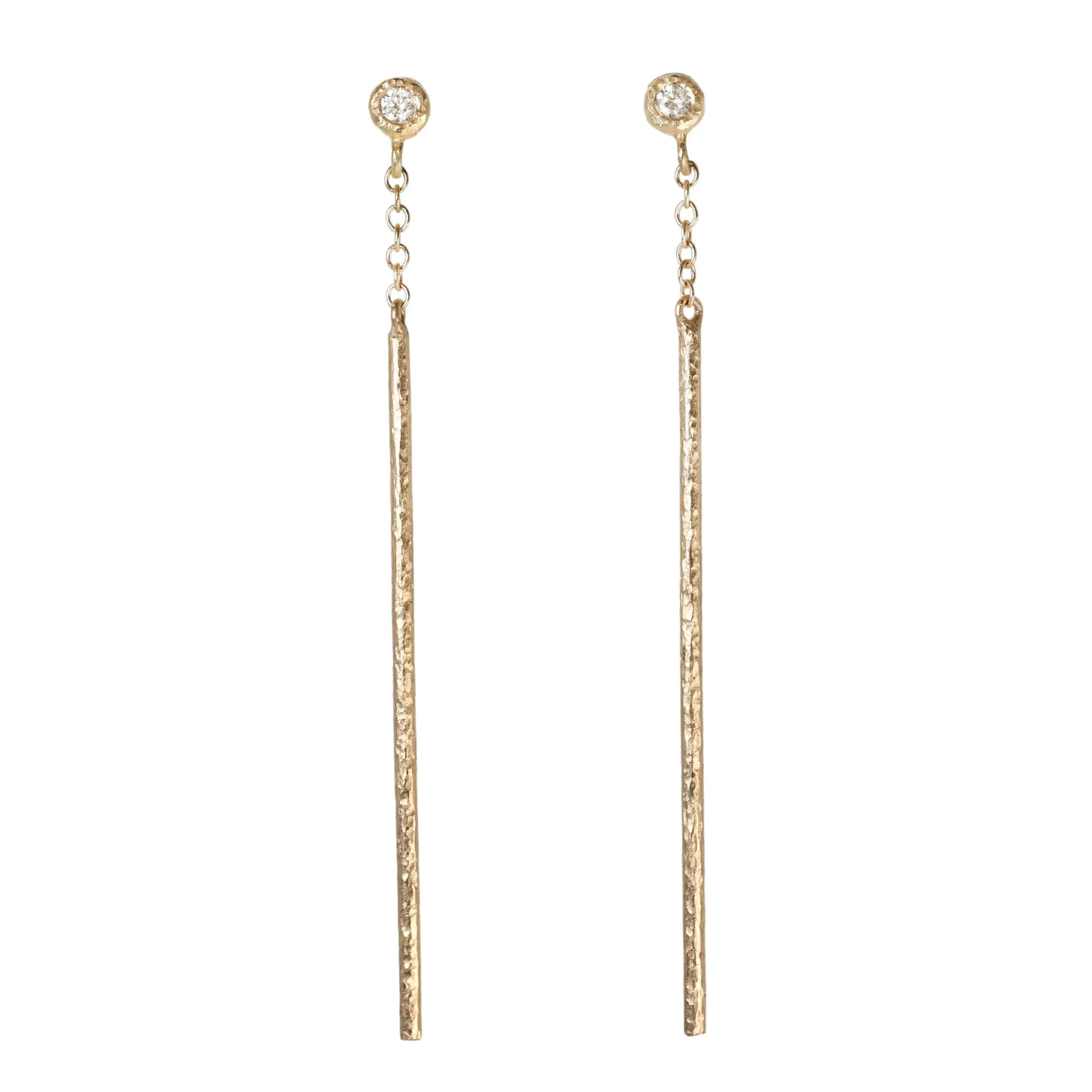 18K Gold Bezel-Set Diamond and Textured Rain Stick Earrings