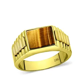 18K Solid Yellow Gold Wedding Engagement Ring Band Tiger's Eye Stone Jewelry