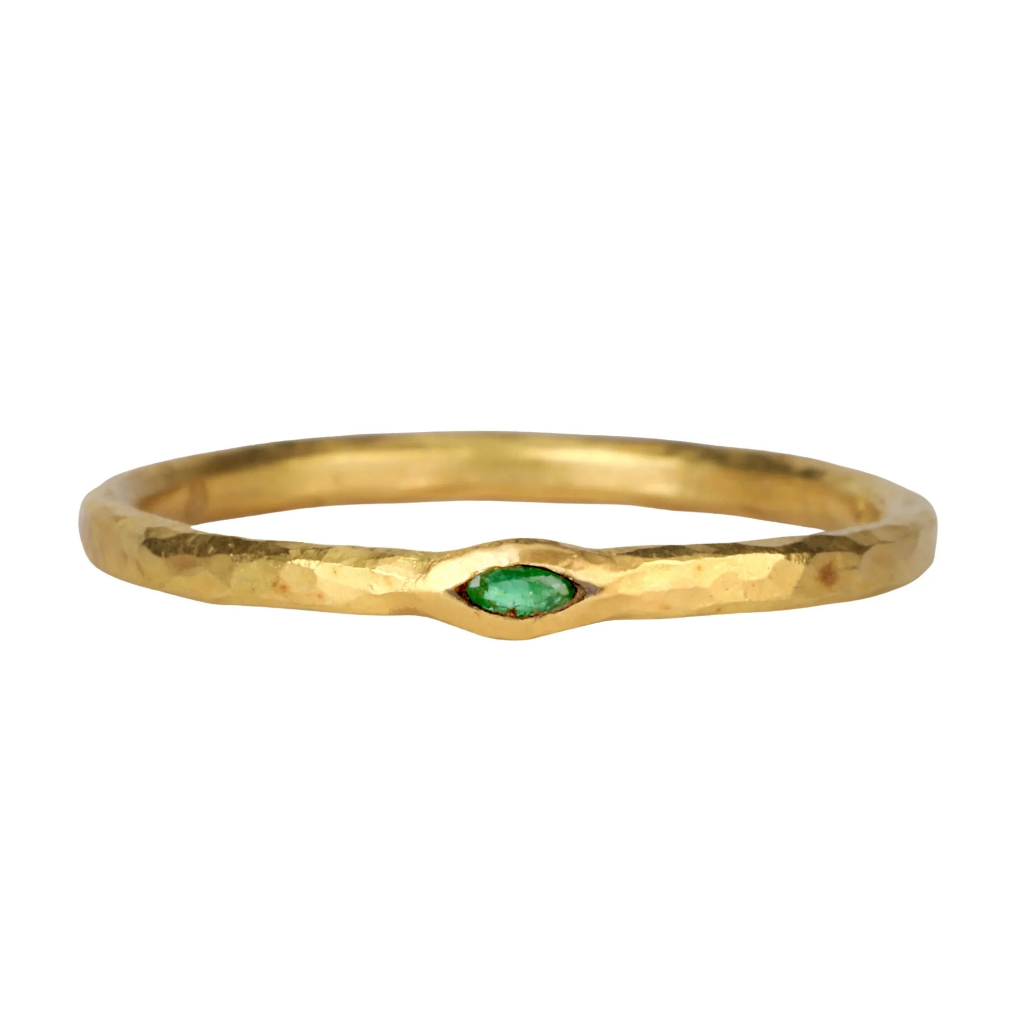 22K Gold Thin Hammered Band with Marquise Emerald