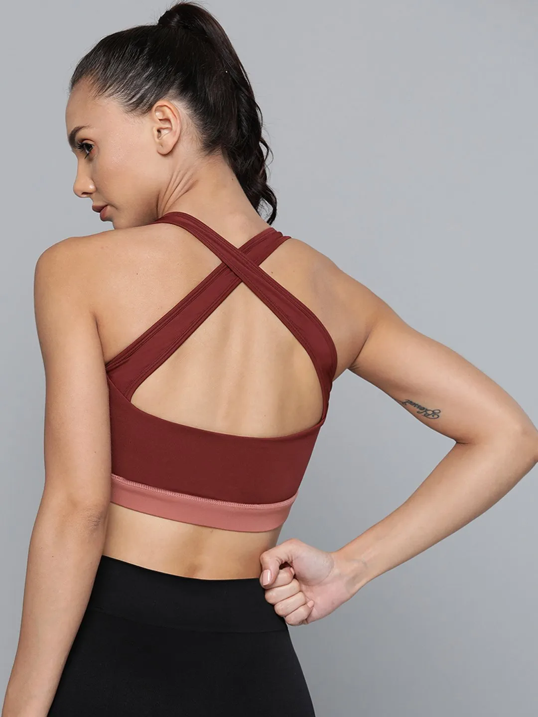 Alcis Burgundy Pink Colourblocked Workout Bra Full Coverage Lightly Padded