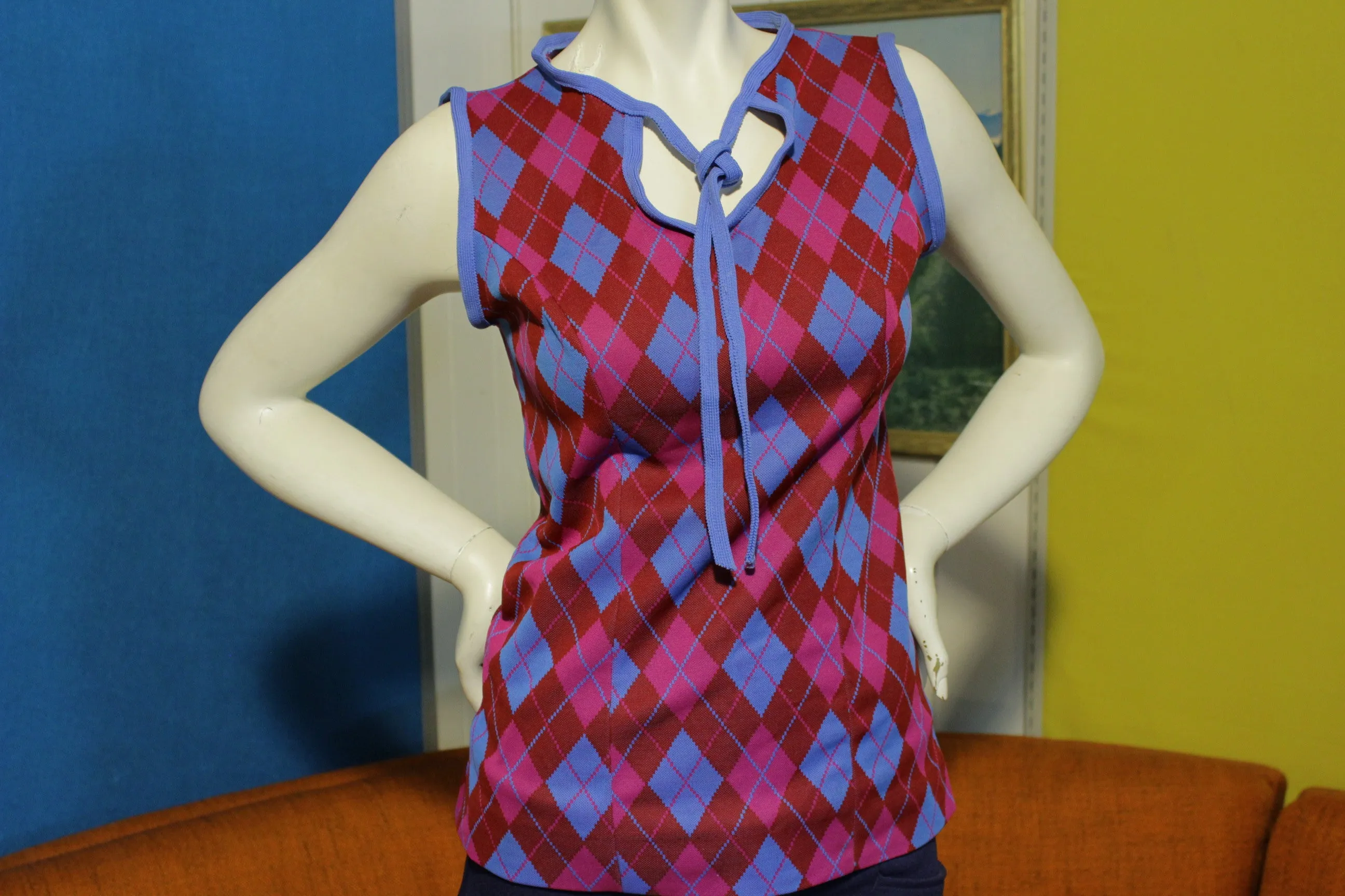 Argyle Handmade Homemade 60's Sleeveless Women's Top W/ Neck Tie. Purple Blue.