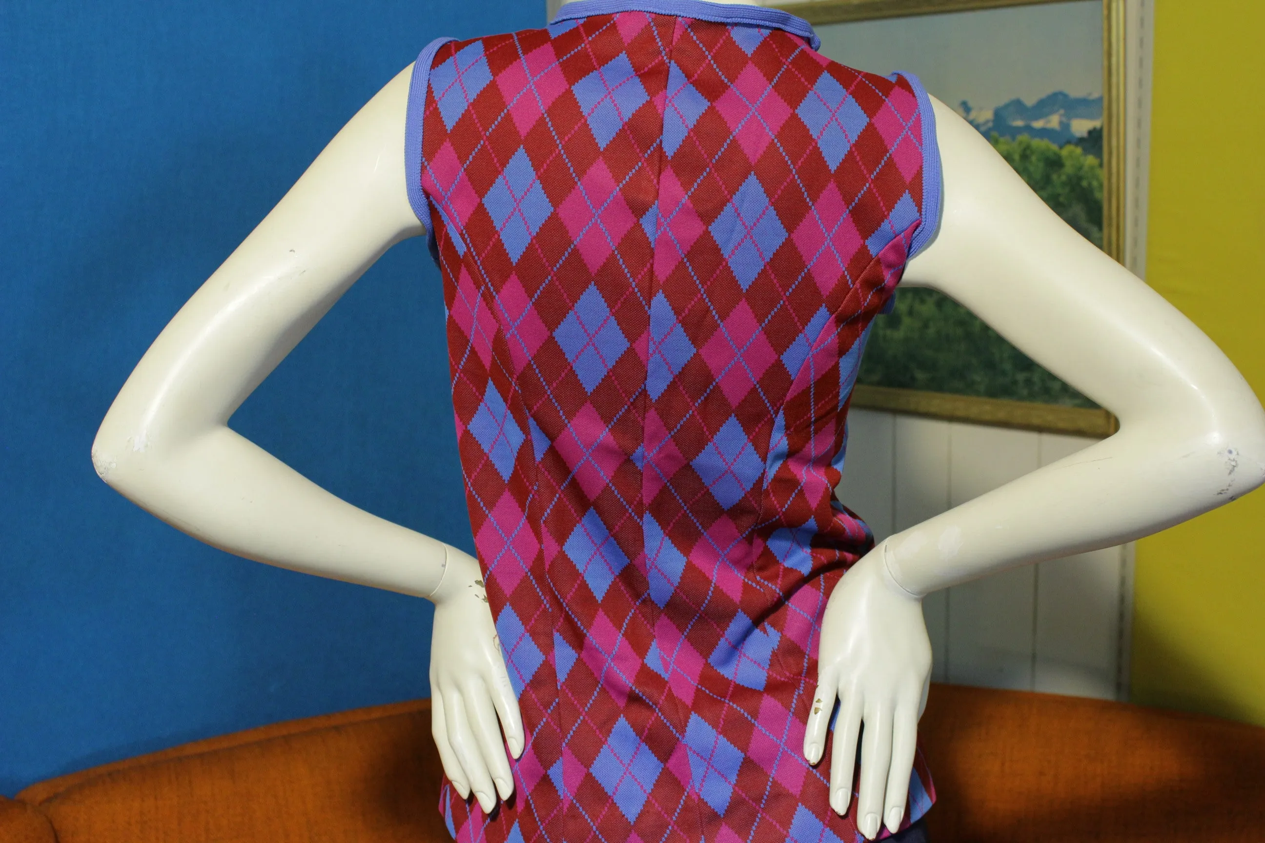 Argyle Handmade Homemade 60's Sleeveless Women's Top W/ Neck Tie. Purple Blue.