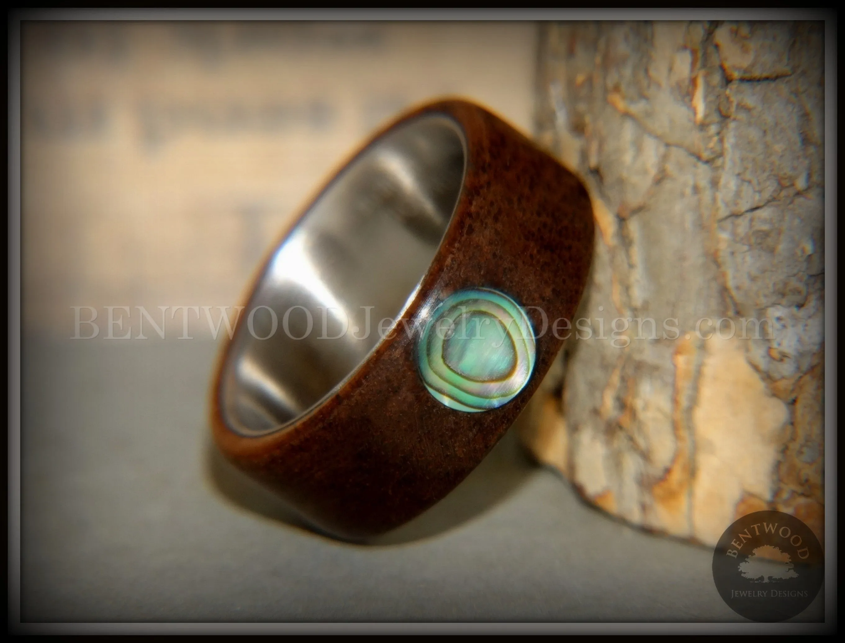 Bentwood Ring - Sea Opal Walnut with Abalone Paua Shell Inlay on Comfort Fit Surgical Steel Core