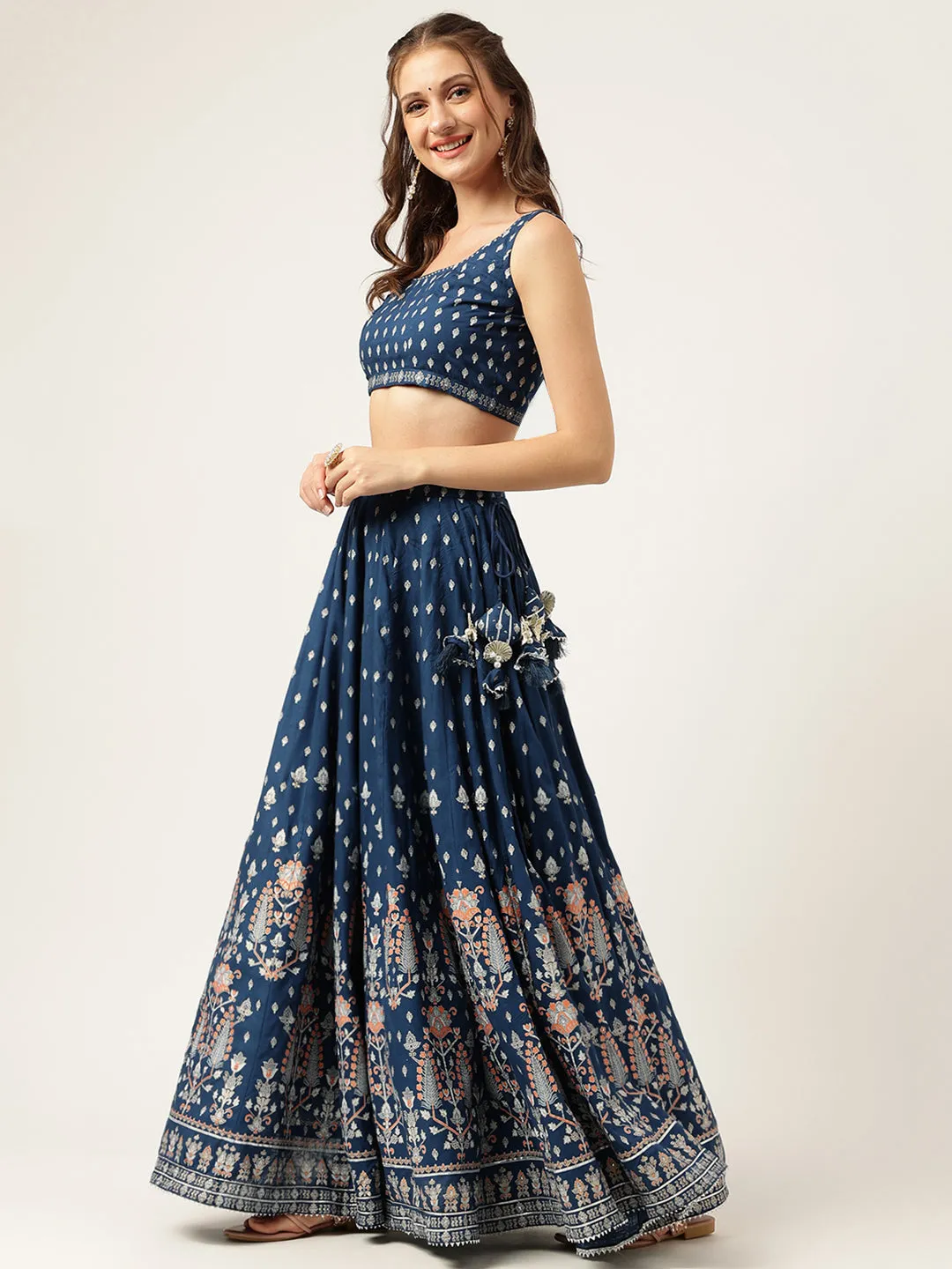 Divena Blue Rayon Flared Lehenga Choli Set with Organza Dupatta