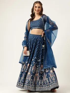 Divena Blue Rayon Flared Lehenga Choli Set with Organza Dupatta