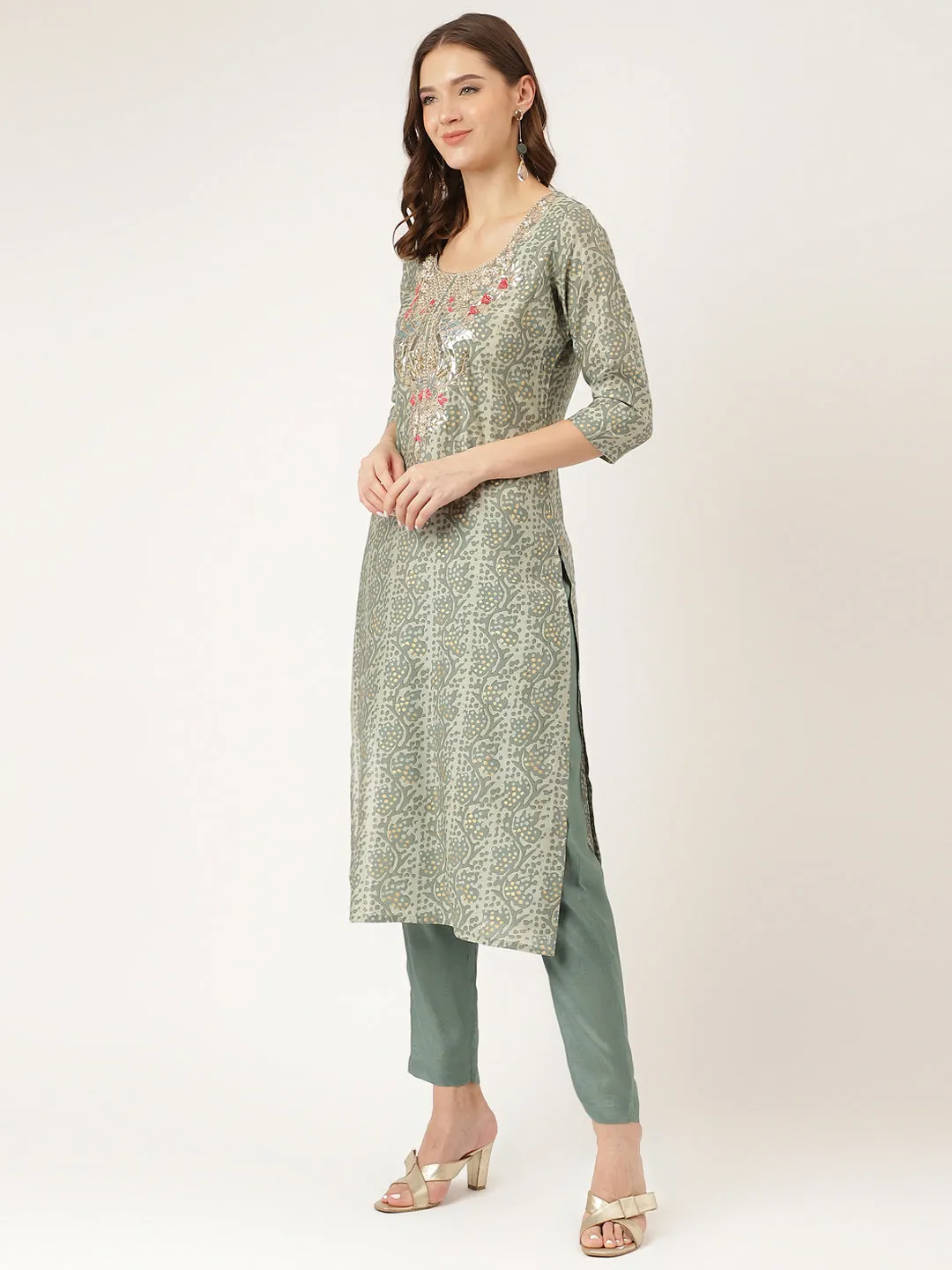 Divena Green Floral Print Chanderi Kurta, Trouser With Dupatta