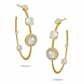 Doves White Orchid Mother of Pearl & Diamond Hoop Earrings 18K Yellow Gold