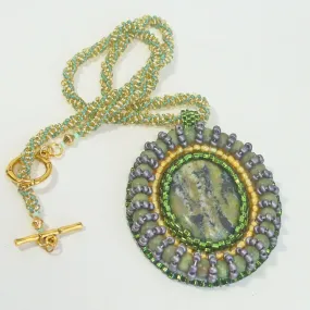 Efrata, Cabochon, Zoisite Natural Stone, Embroidery Peyote Beaded Bezel, Pendant, Necklace