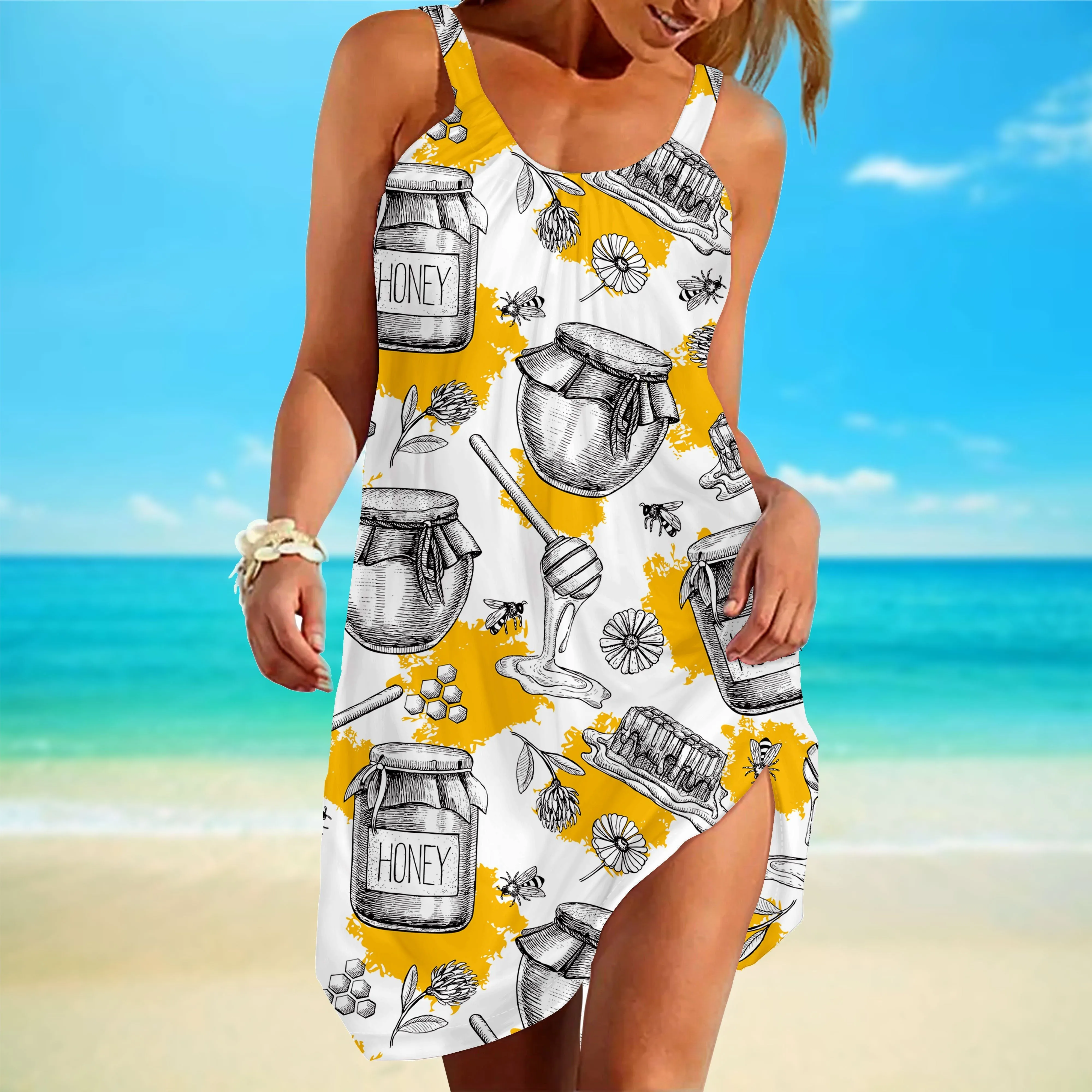 Gearhuman 3D Bee And Honey Custom Sleeveless Beach Dress