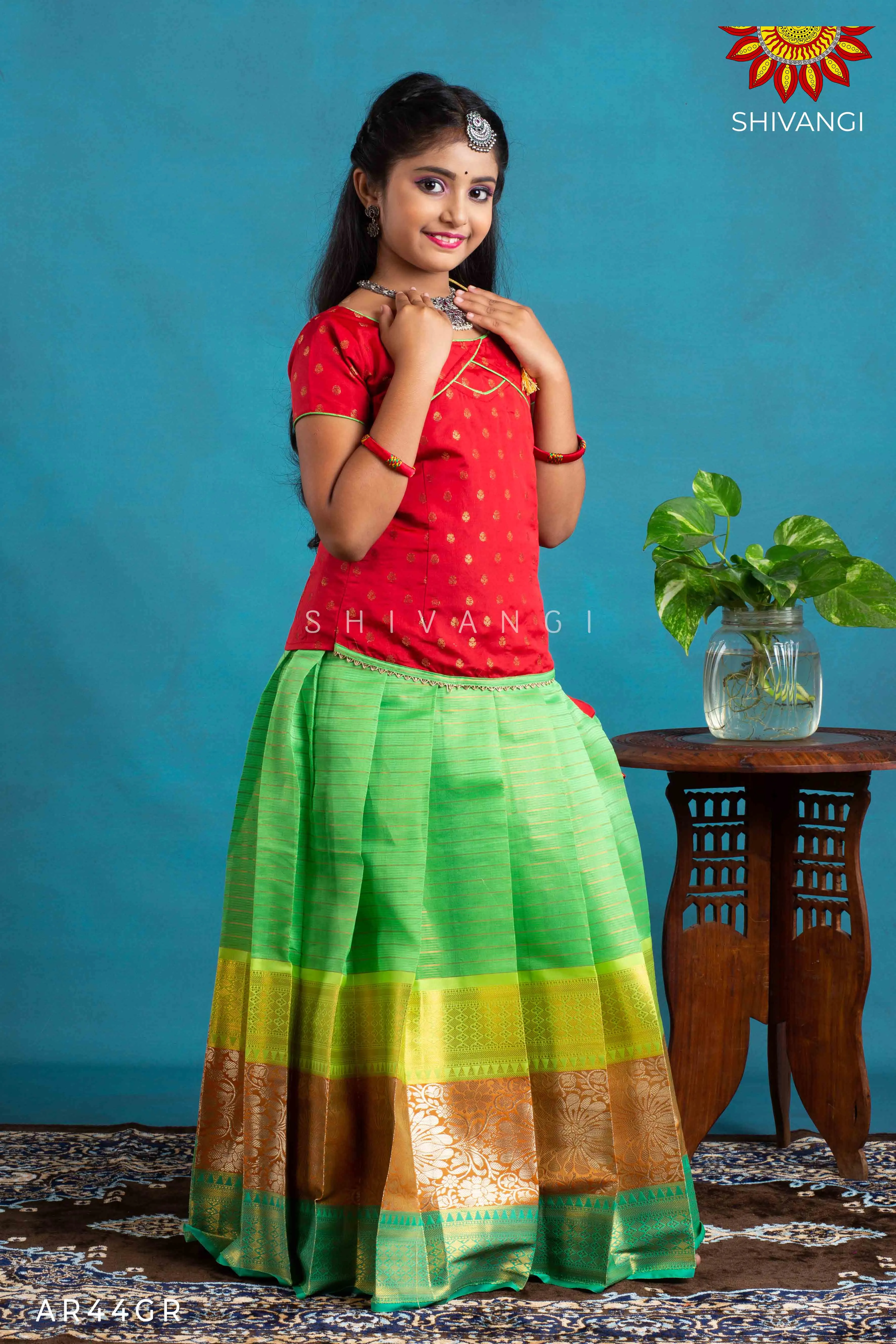 Girls Green Floral Spring Pattu Pavadai