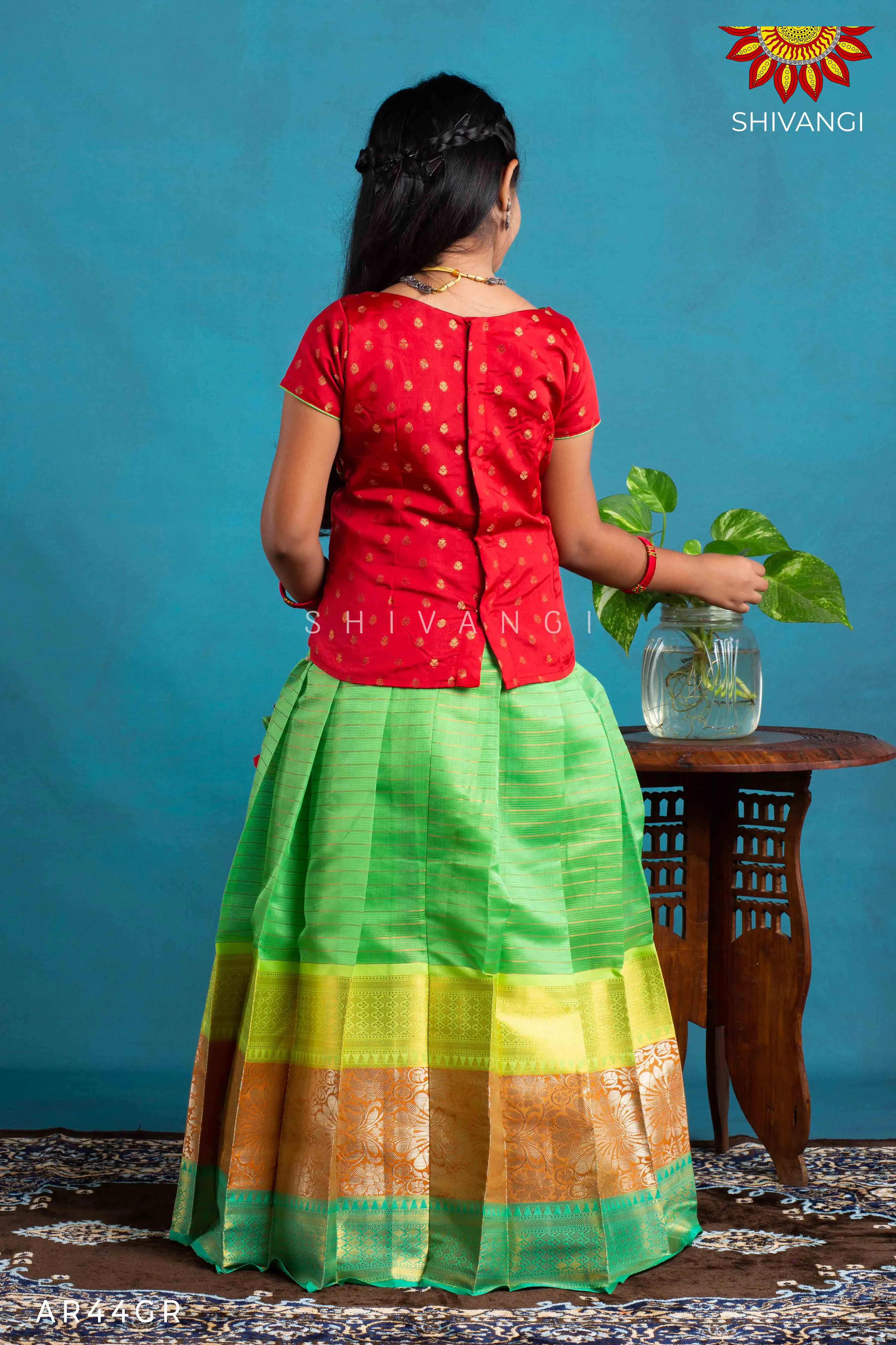 Girls Green Floral Spring Pattu Pavadai