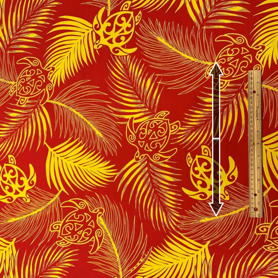 Hawaiian Fabric With Monstera and Turtle Print - Red/Yellow