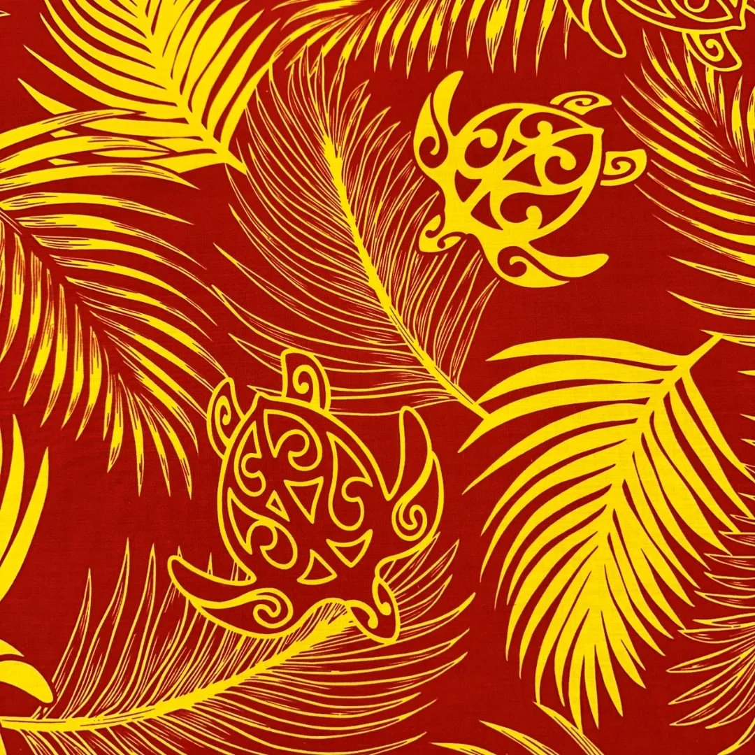 Hawaiian Fabric With Monstera and Turtle Print - Red/Yellow