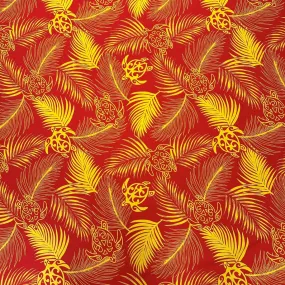 Hawaiian Fabric With Monstera and Turtle Print - Red/Yellow