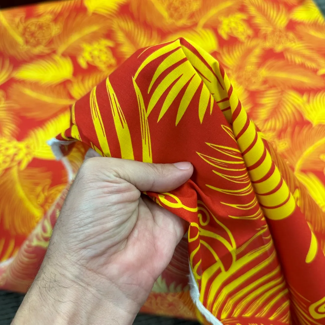 Hawaiian Fabric With Monstera and Turtle Print - Red/Yellow