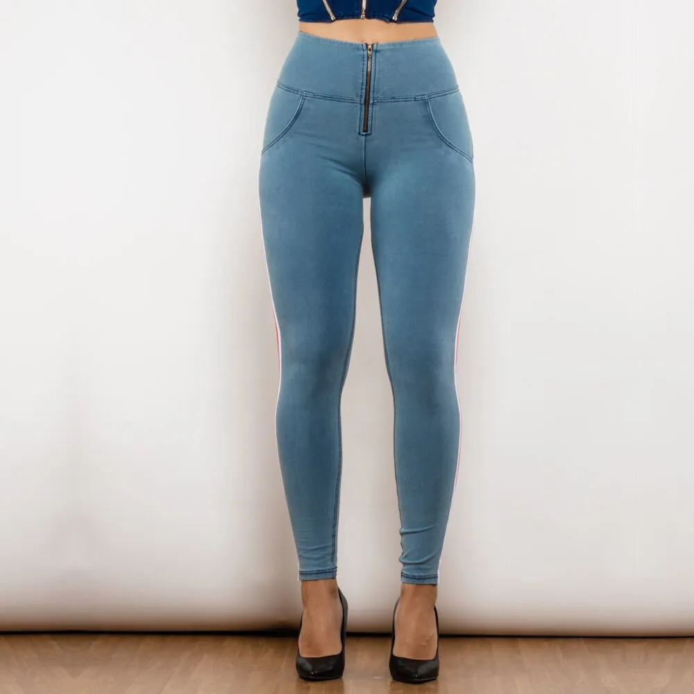 High Waist Dark Thread Light Blue Jeans with Stripe