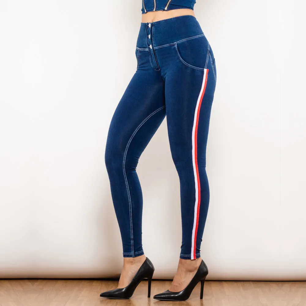 High Waist White Thread Dark Blue Jeans Button Style with Stripe