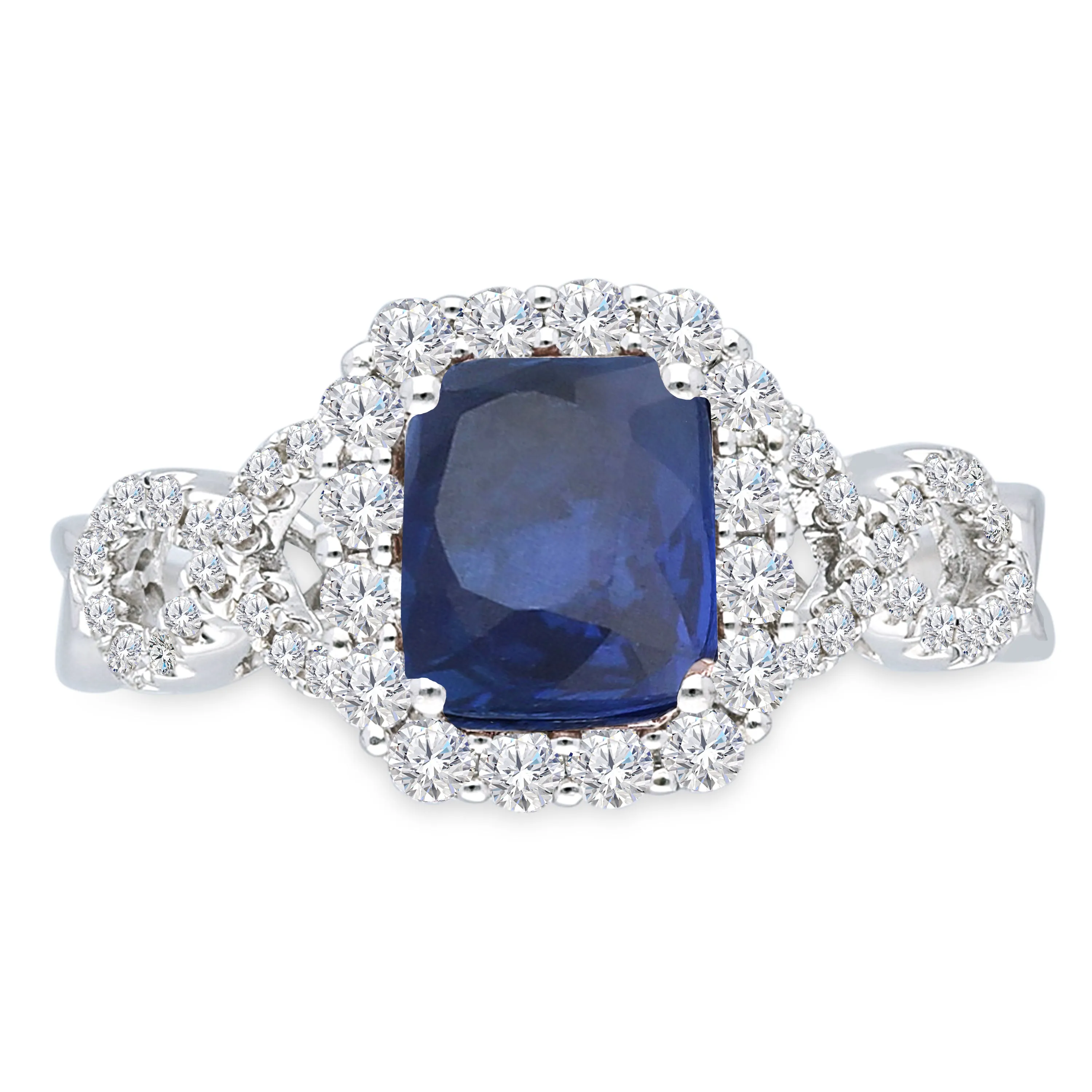 Kallati Heirloom Cushion Halo No Heat Sapphire & Diamond Engagement Ring in 14K White Gold