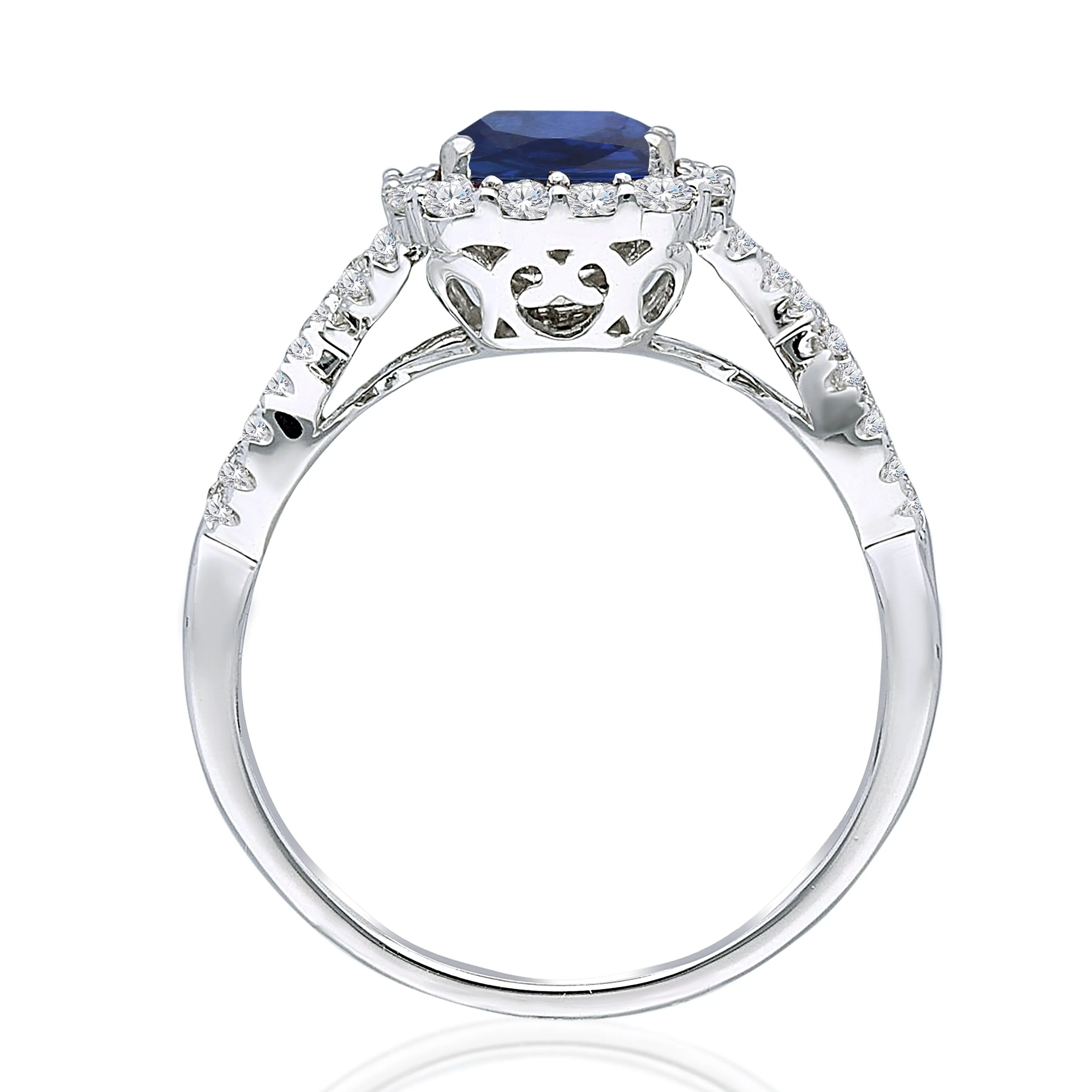 Kallati Heirloom Cushion Halo No Heat Sapphire & Diamond Engagement Ring in 14K White Gold