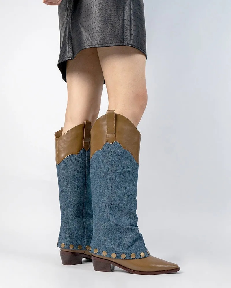 Knee High Denim Cowboy Cowgirl Western Boots