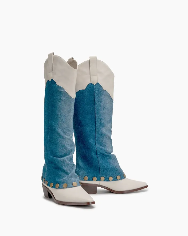 Knee High Denim Cowboy Cowgirl Western Boots