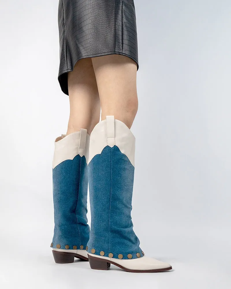 Knee High Denim Cowboy Cowgirl Western Boots