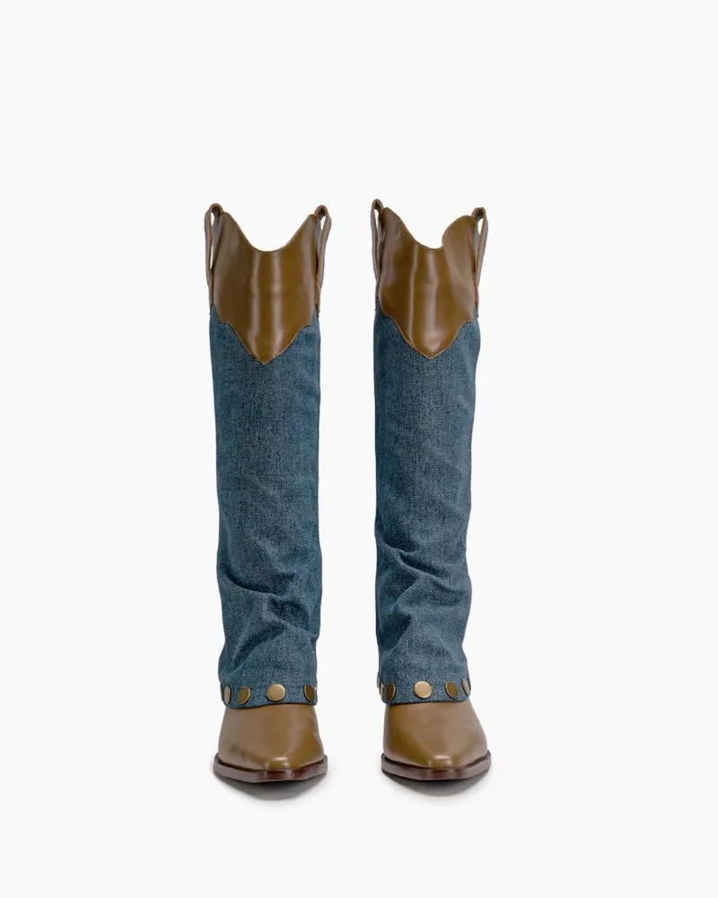 Knee High Denim Cowboy Cowgirl Western Boots