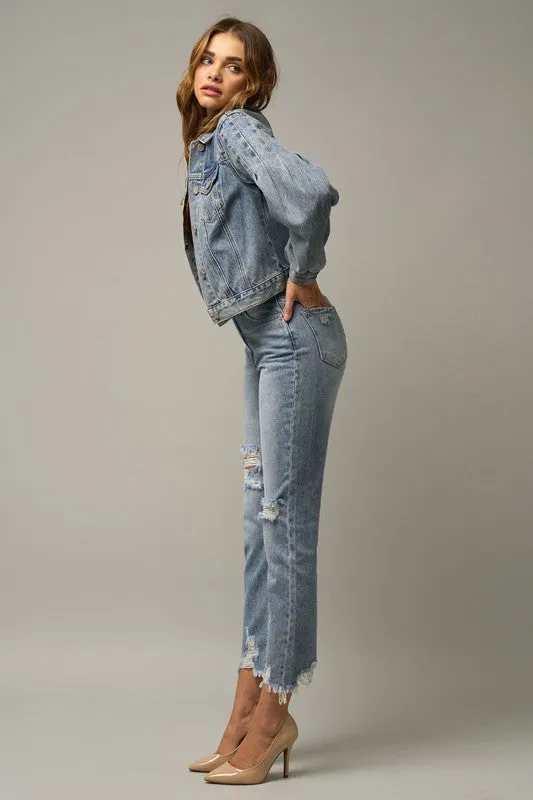 Maikin High Waist Distressed Fray Straight Jeans