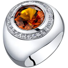 Men's Cognac Sapphire Signet Ring Sterling Silver Round Shape 6 Carats Size 8