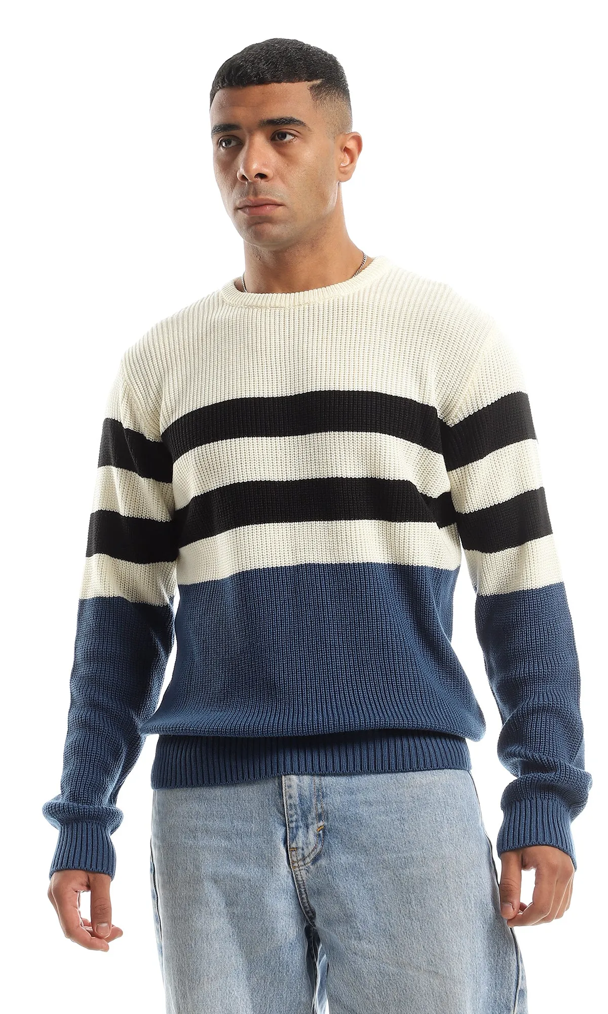 O151311 Navy, Black & Cream Wide Stripes Slip On Pullover