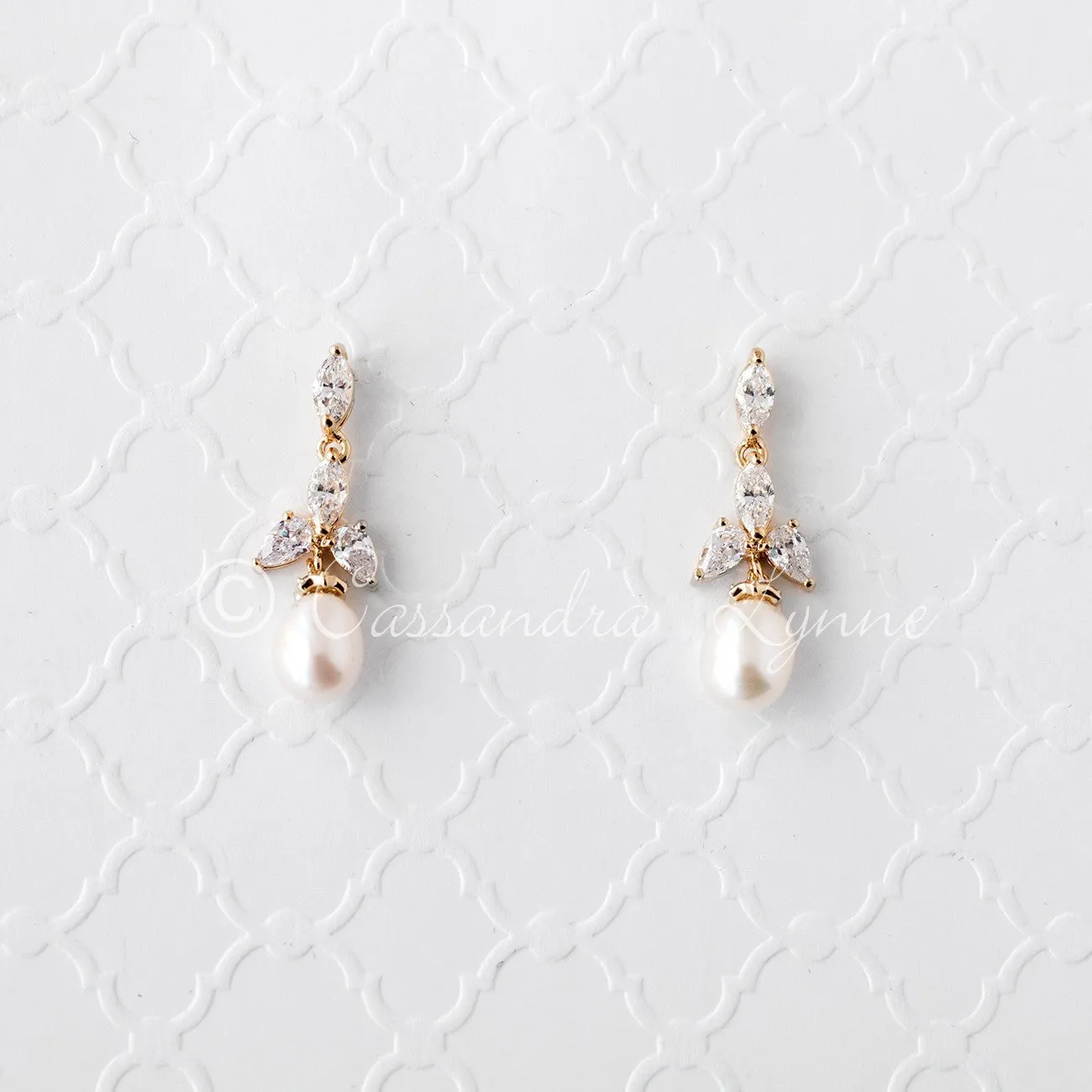 Pearl Drop Bridal Earrings with CZ Jewels