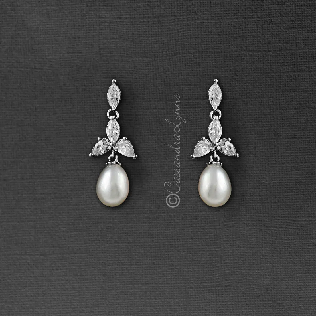 Pearl Drop Bridal Earrings with CZ Jewels