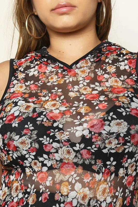 Plus Size Floral Sheer Hooded Dress