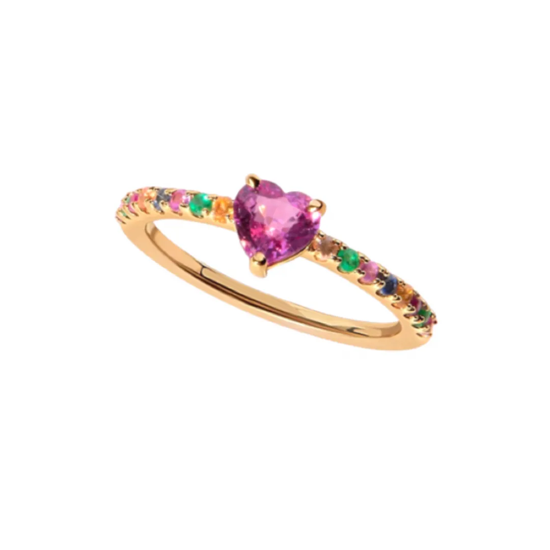 Rainbow with Center Gemstone Heart Ring