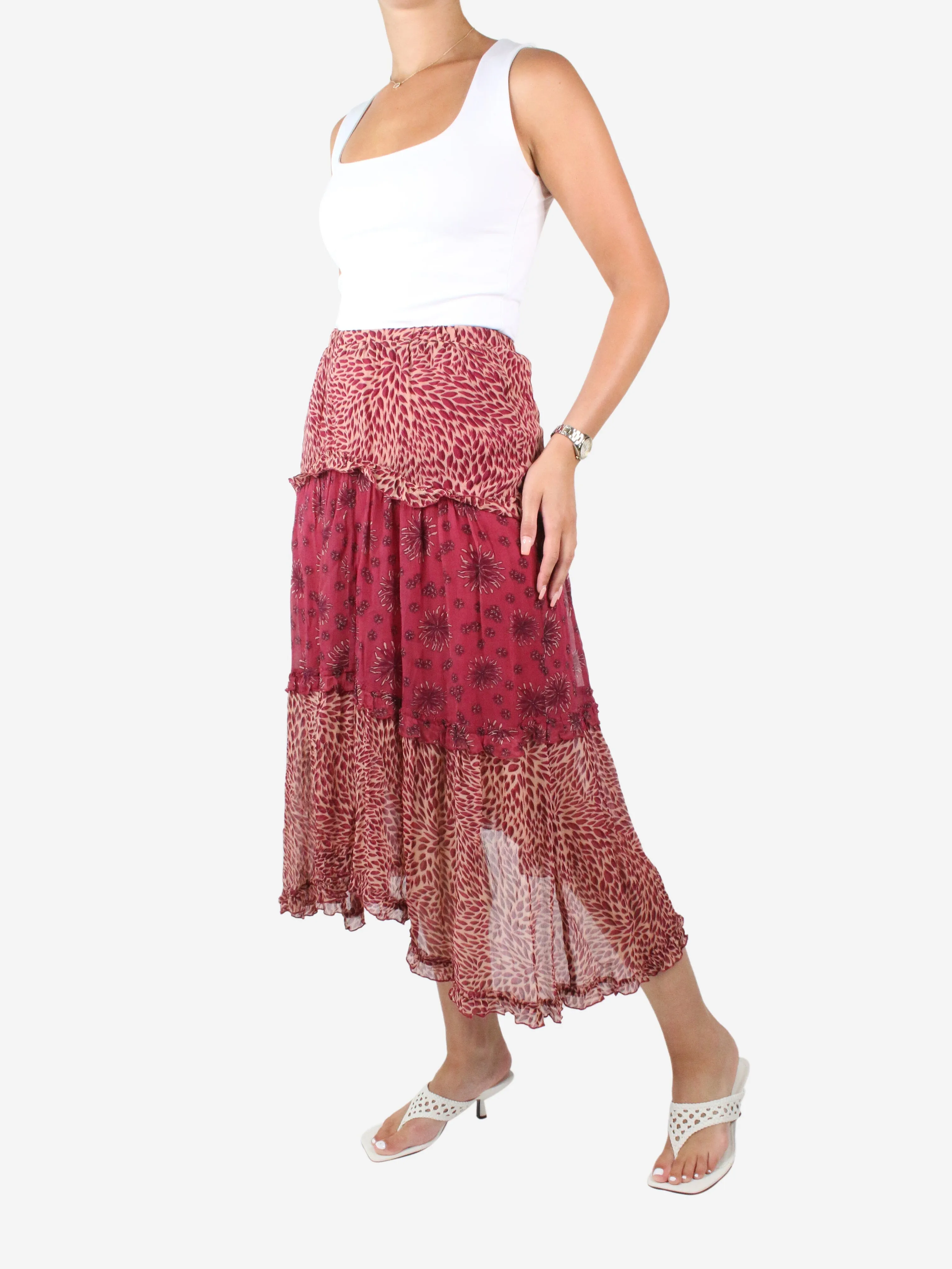 Red floral printed midi skirt - size XS