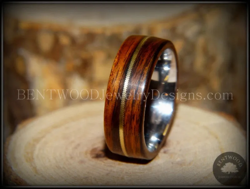 Tazzy Bentwood Ring - Hounini Rosewood Wood Ring Bronze Guitar String Inlay on Surgical Grade Stainless Steel Comfort Fit Metal Core