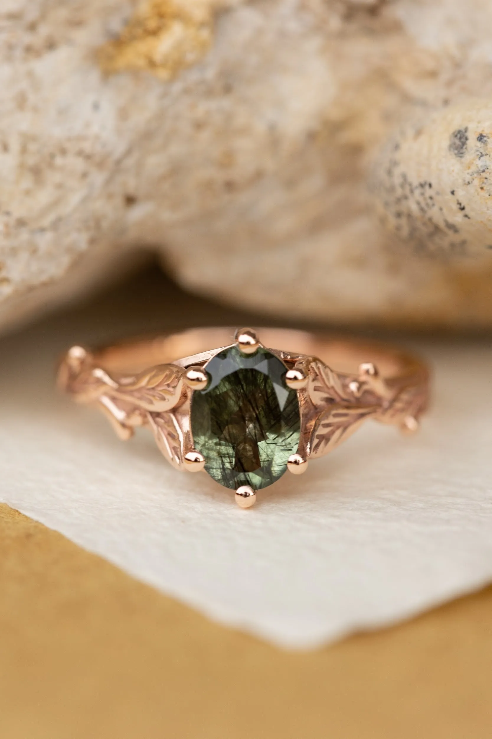 Unique gemstone engagement ring with rutile peridot / Freesia