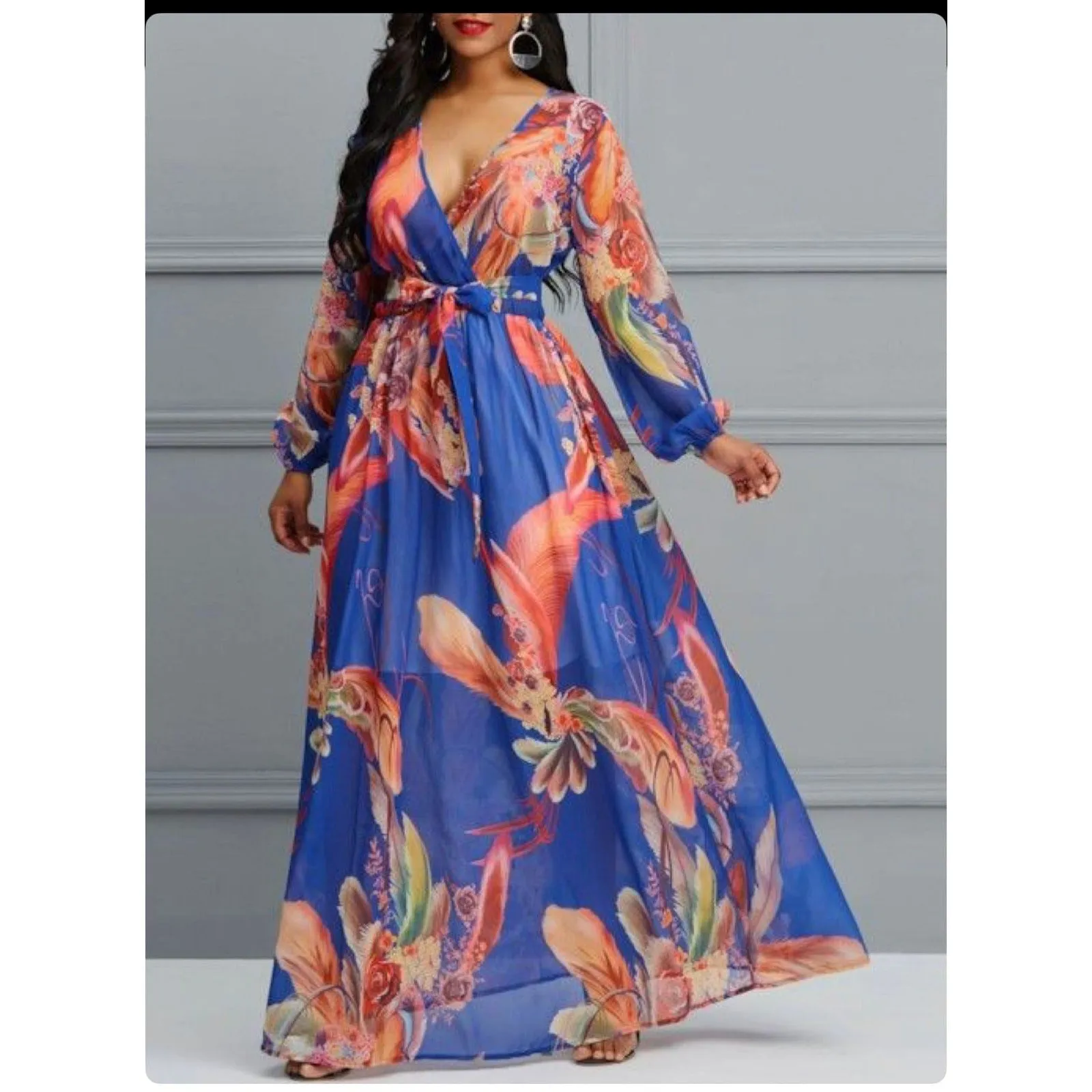 V-Neck Floral Print Maxi Dress